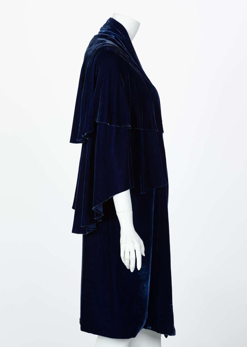 I Magnin & Co. Blue Silk velvet Evening Cape Coat, 1930s