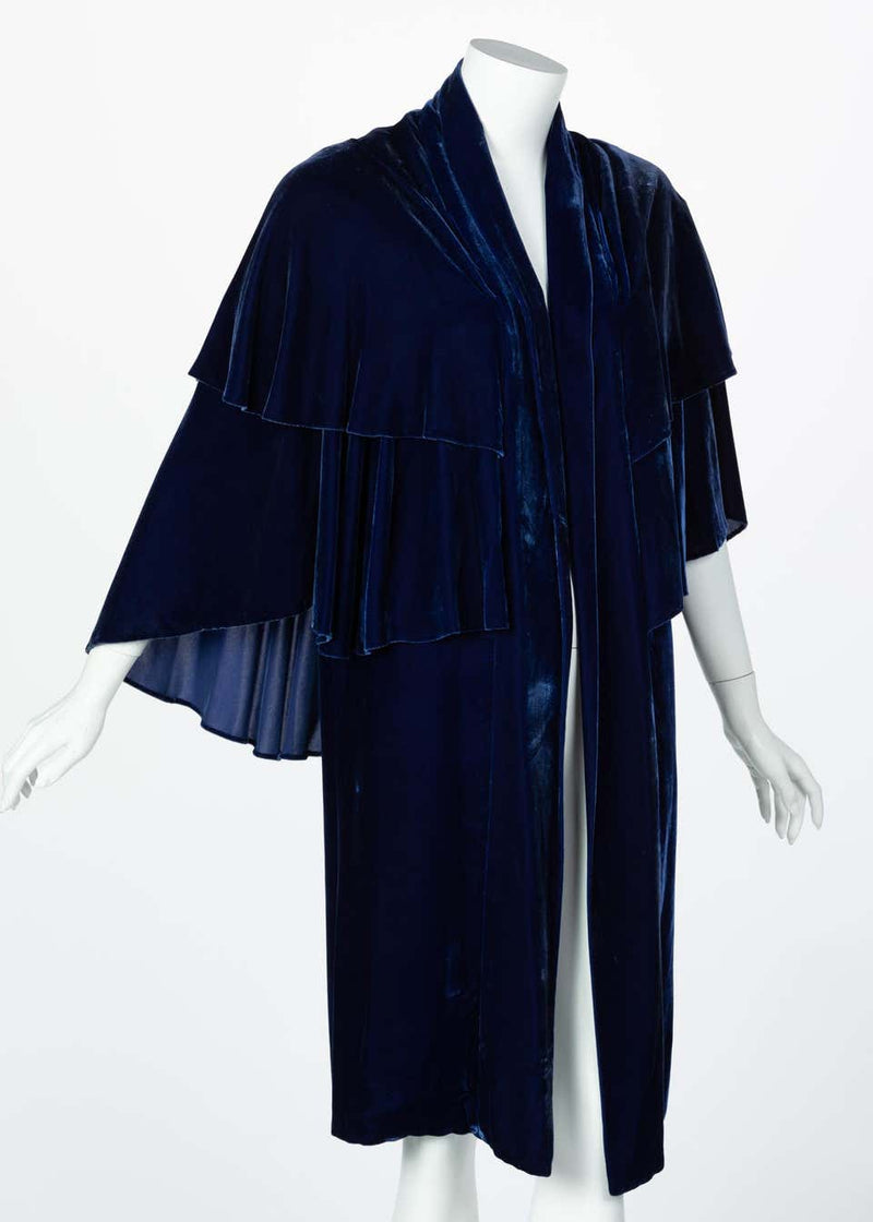 I Magnin & Co. Blue Silk velvet Evening Cape Coat, 1930s