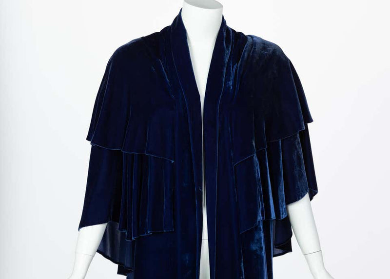 I Magnin & Co. Blue Silk velvet Evening Cape Coat, 1930s