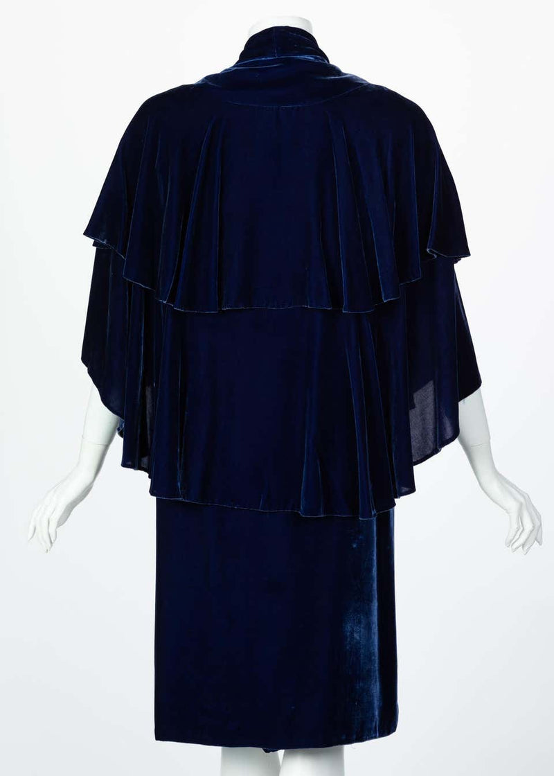 I Magnin & Co. Blue Silk velvet Evening Cape Coat, 1930s
