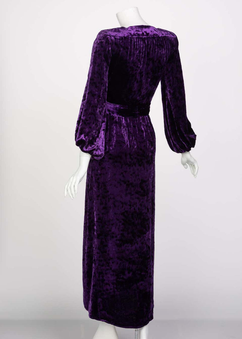Saint Laurent Purple Crushed Velvet Plunge Wrap Dress YSL Runway, 1985