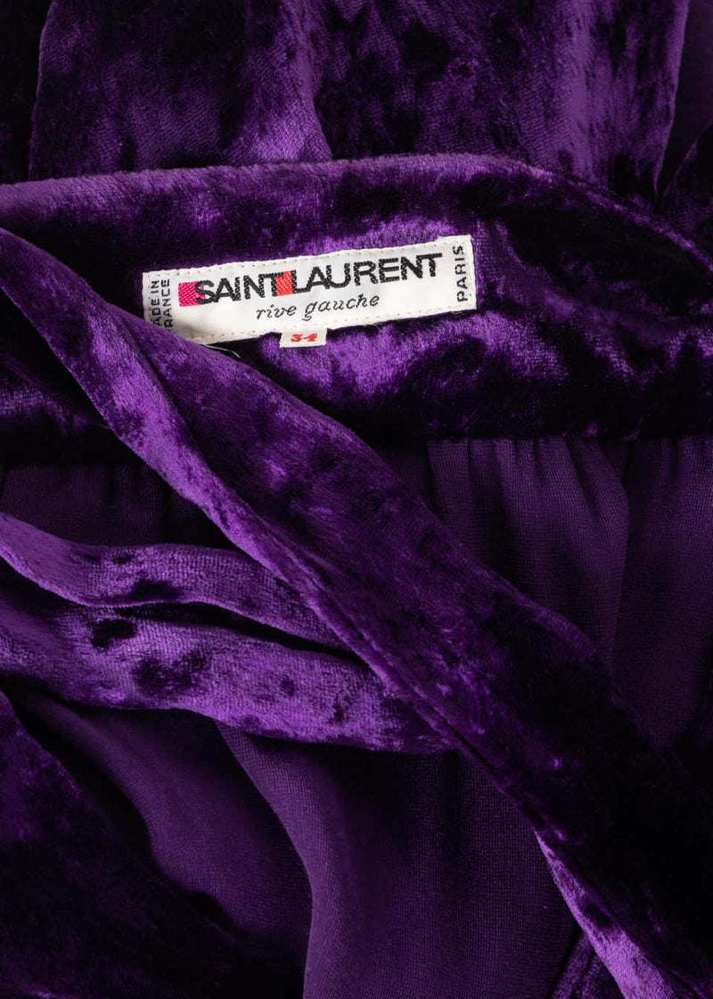 Saint Laurent Purple Crushed Velvet Plunge Wrap Dress YSL Runway, 1985