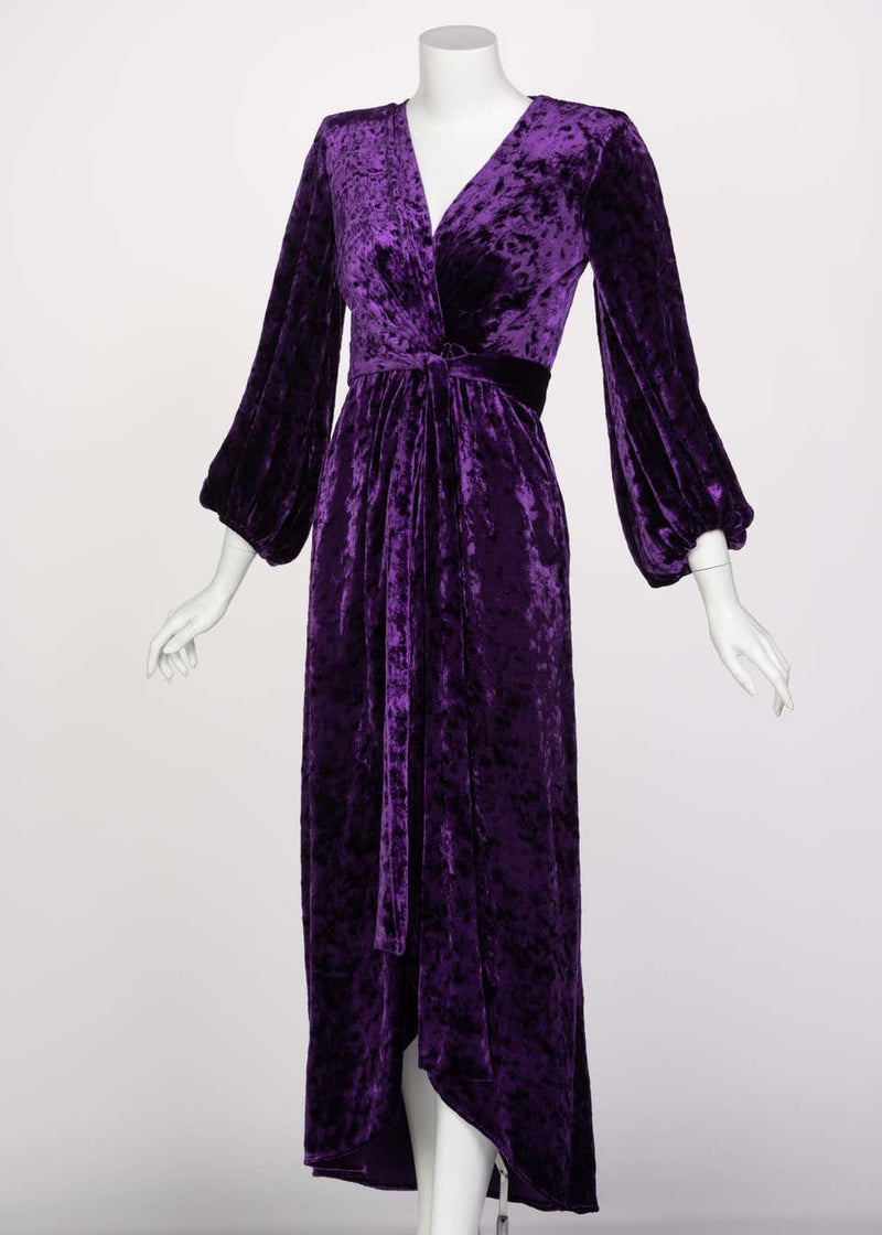 Saint Laurent Purple Crushed Velvet Plunge Wrap Dress YSL Runway, 1985