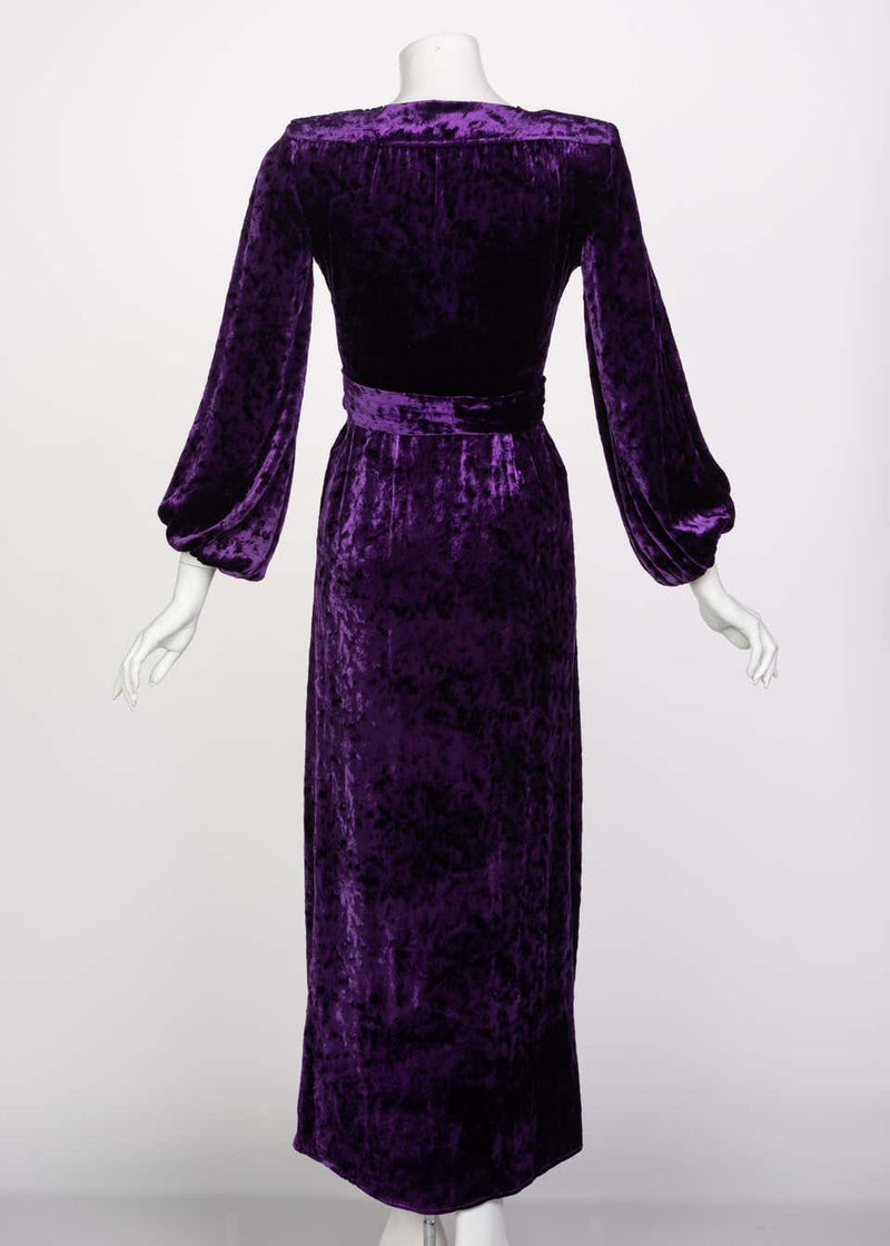 Saint Laurent Purple Crushed Velvet Plunge Wrap Dress YSL Runway, 1985