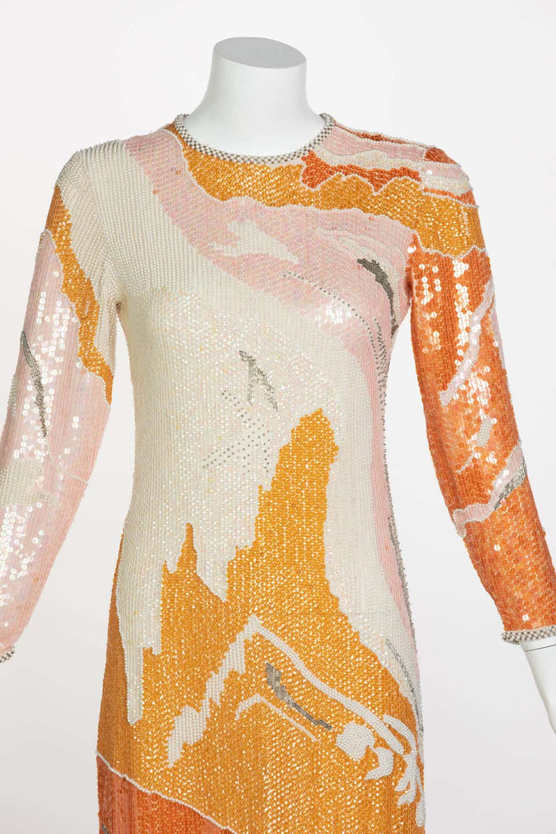 Halston Couture Sequin Pearl Beaded Sunset Colors Dress Documented, 19 Basha Gold Halston Couture Sequin Pearl Beaded Sunset Colors Dress Documented, 19 Basha Gold