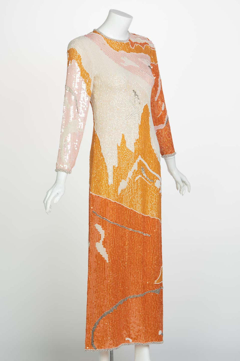 Halston Couture Sequin Pearl Beaded Sunset Colors Dress Documented, 1980s