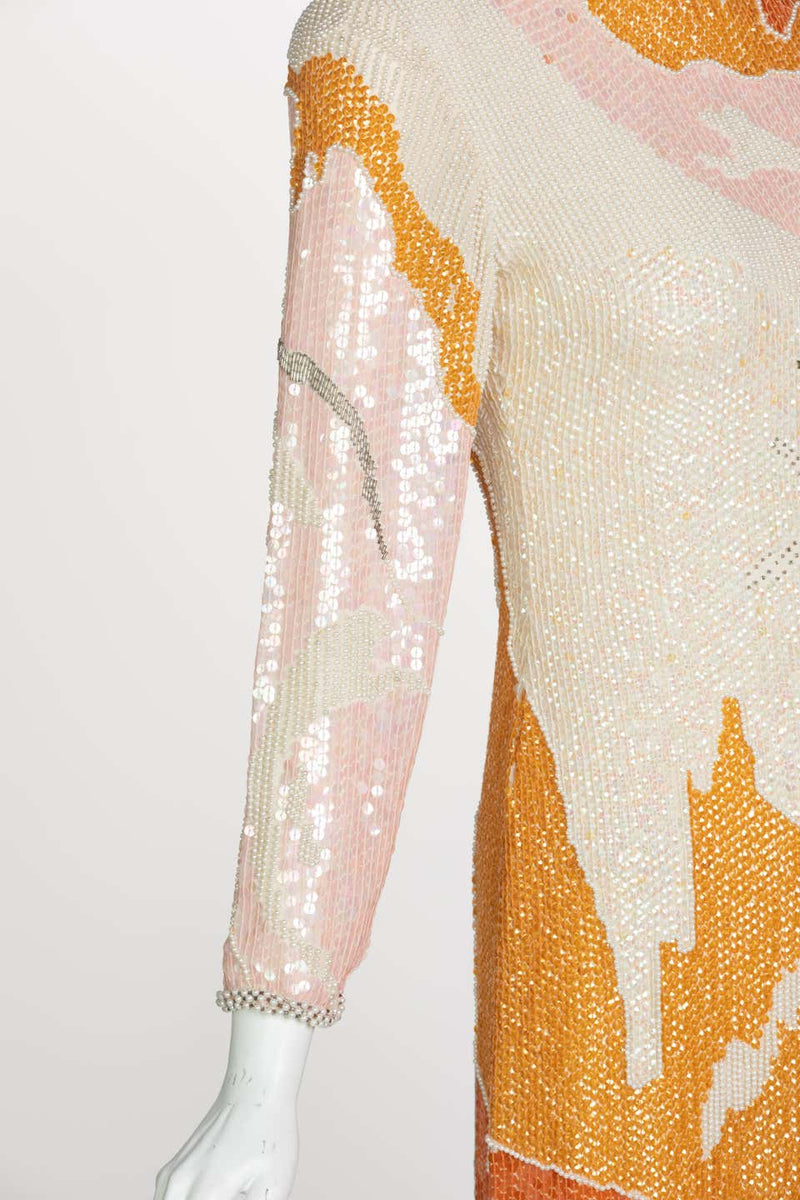 Halston Couture Sequin Pearl Beaded Sunset Colors Dress Documented, 1980s