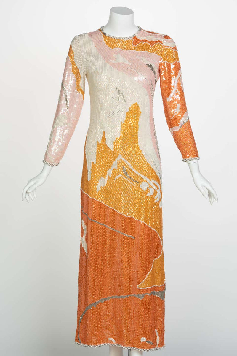 Halston Couture Sequin Pearl Beaded Sunset Colors Dress Documented, 19 Basha Gold Halston Couture Sequin Pearl Beaded Sunset Colors Dress Documented, 19 Basha Gold