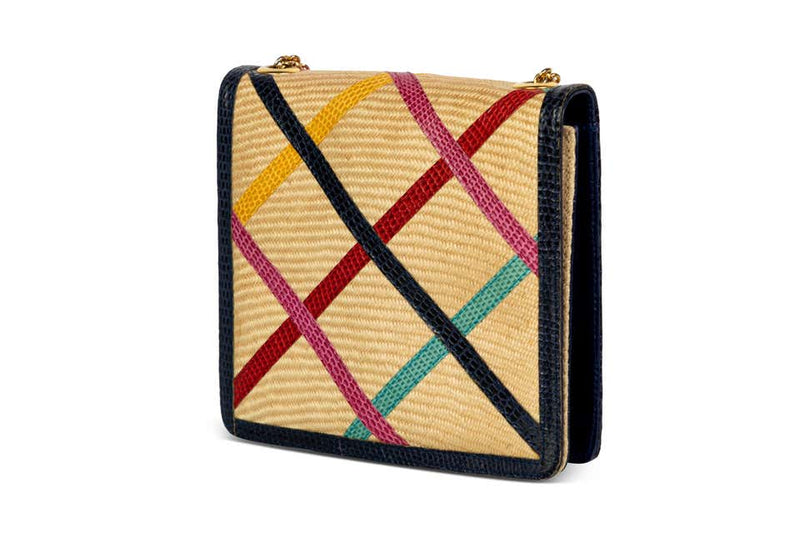 Vintage Bottega Veneta Multicolered Lizard Raffia Gold Chain Bag