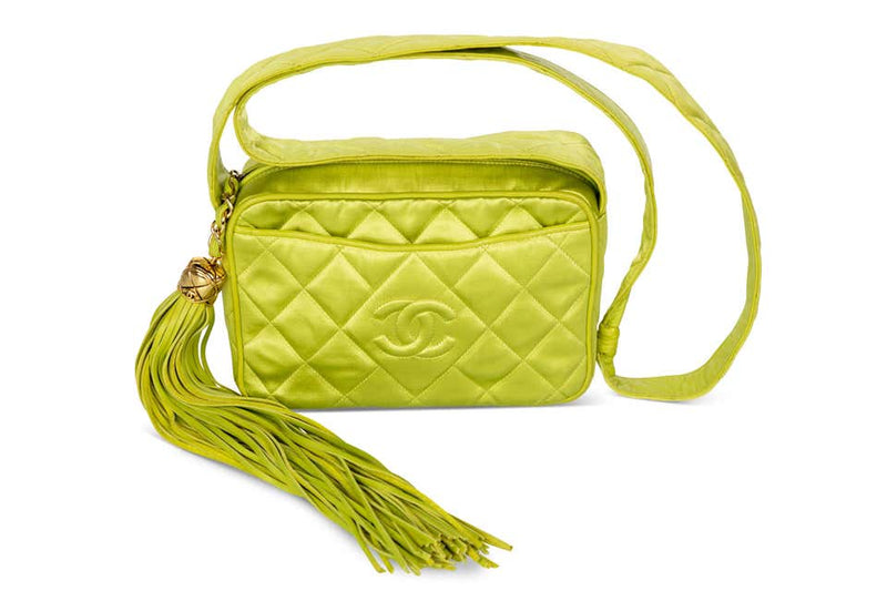 Chanel Lime Green Quilted Satin Leather Tassel Camera Bag, 1990s