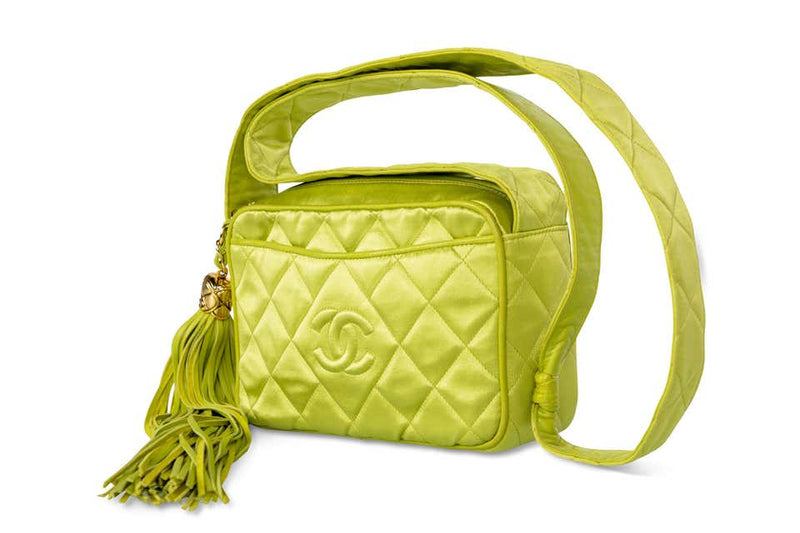 Chanel Lime Green Quilted Satin Leather Tassel Camera Bag, 1990s