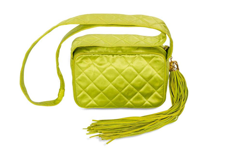 Chanel Lime Green Quilted Satin Leather Tassel Camera Bag, 1990s