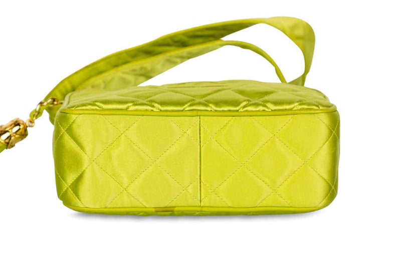 Chanel Lime Green Quilted Satin Leather Tassel Camera Bag, 1990s