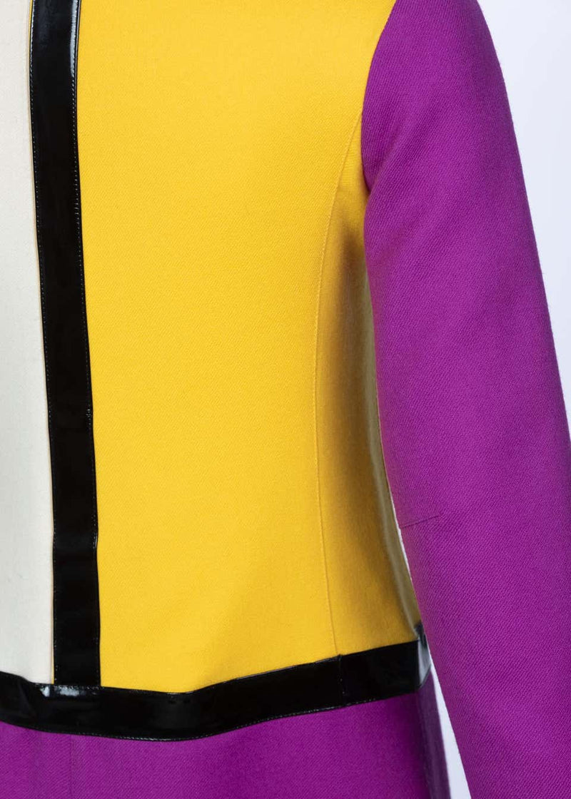 Courrèges Wool Color Block Patent Leather Mondrian Mini Dress, 1960s