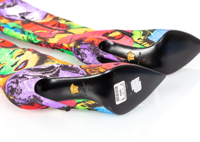 Versace Pop Art Tribute Andy Warhol Print Silk Over The Knee Boots Size 36/6