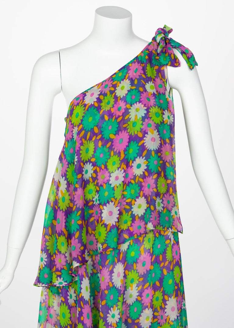 Yves Saint Laurent Multi-Color Floral One Shoulder Layered Silk Dress YSL, 1970s