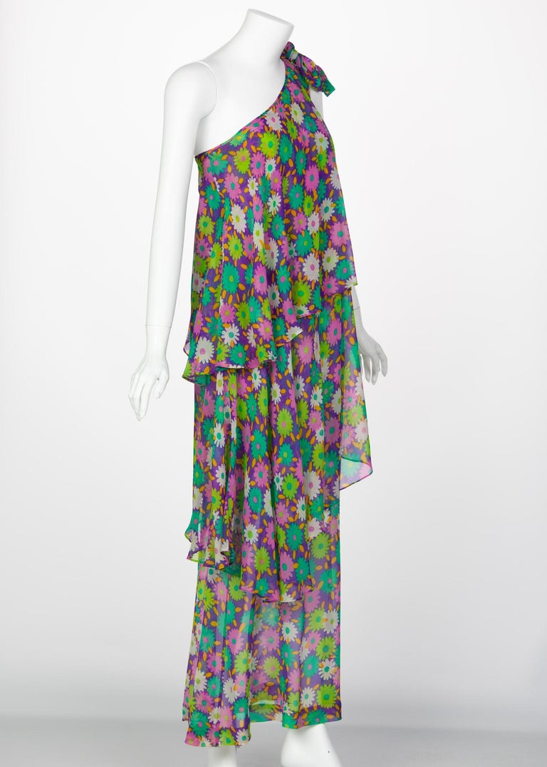 Yves Saint Laurent Multi-Color Floral One Shoulder Layered Silk Dress YSL, 1970s