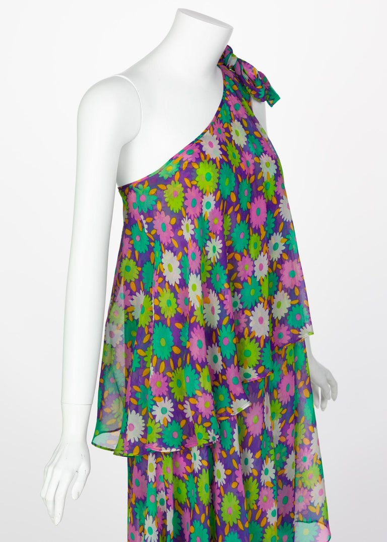 Yves Saint Laurent Multi-Color Floral One Shoulder Layered Silk Dress YSL, 1970s