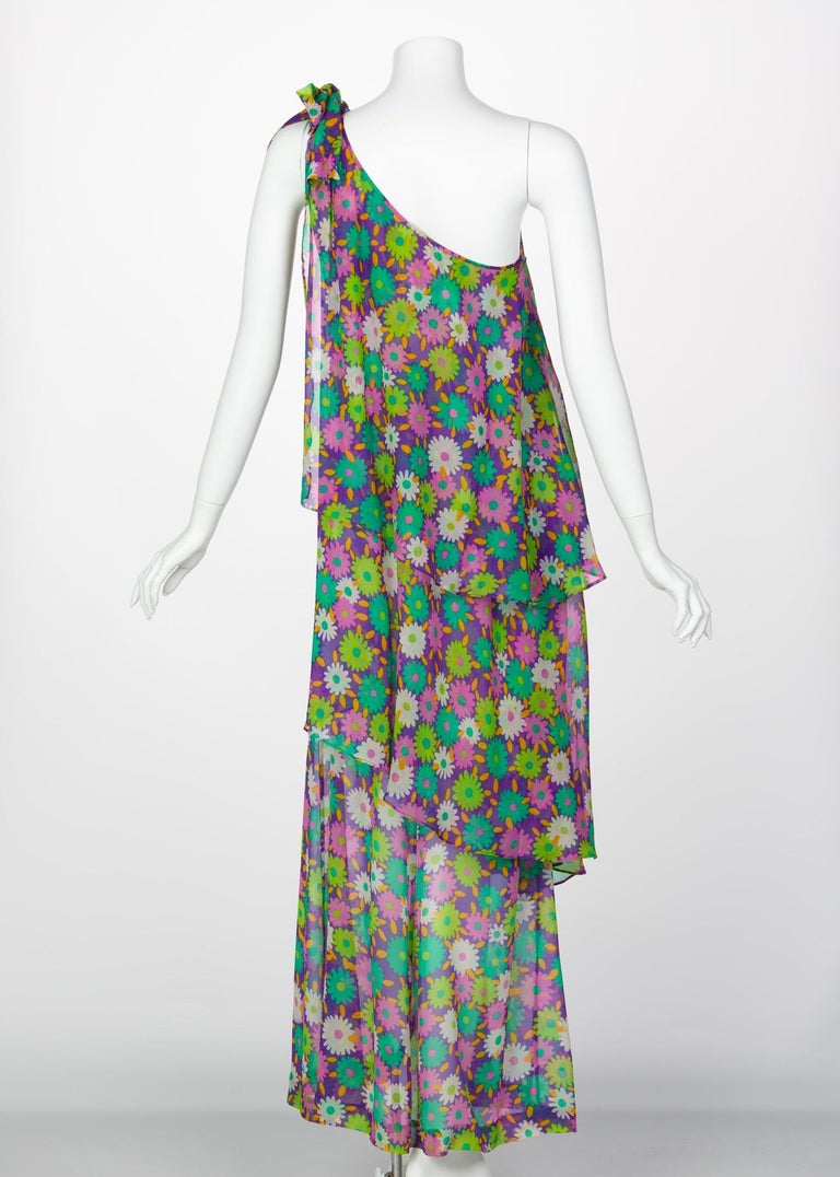 Yves Saint Laurent Multi-Color Floral One Shoulder Layered Silk Dress YSL, 1970s