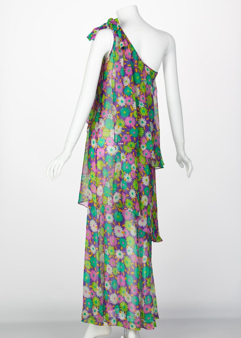Yves Saint Laurent Multi-Color Floral One Shoulder Layered Silk Dress YSL, 1970s