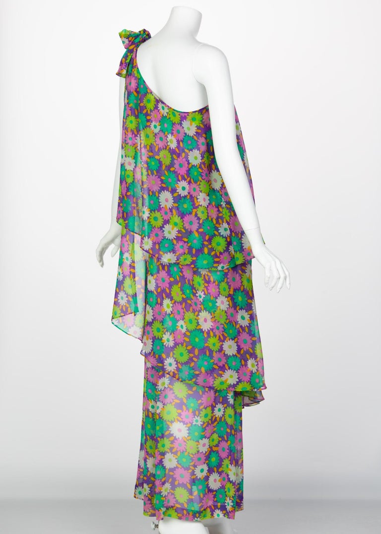 Yves Saint Laurent Multi-Color Floral One Shoulder Layered Silk Dress YSL, 1970s
