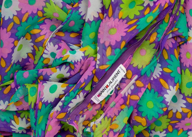 Yves Saint Laurent Multi-Color Floral One Shoulder Layered Silk Dress YSL, 1970s