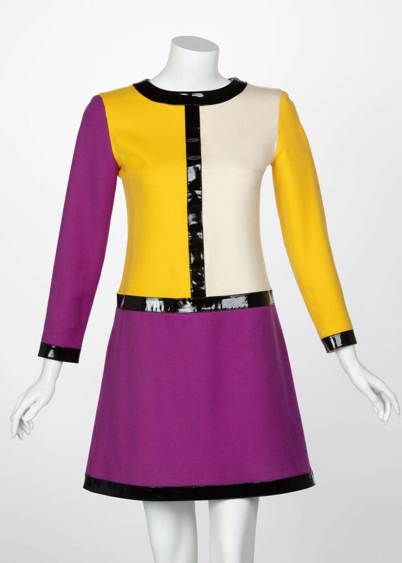 Courrèges Wool Color Block Patent Leather Mondrian Mini Dress, 1960s