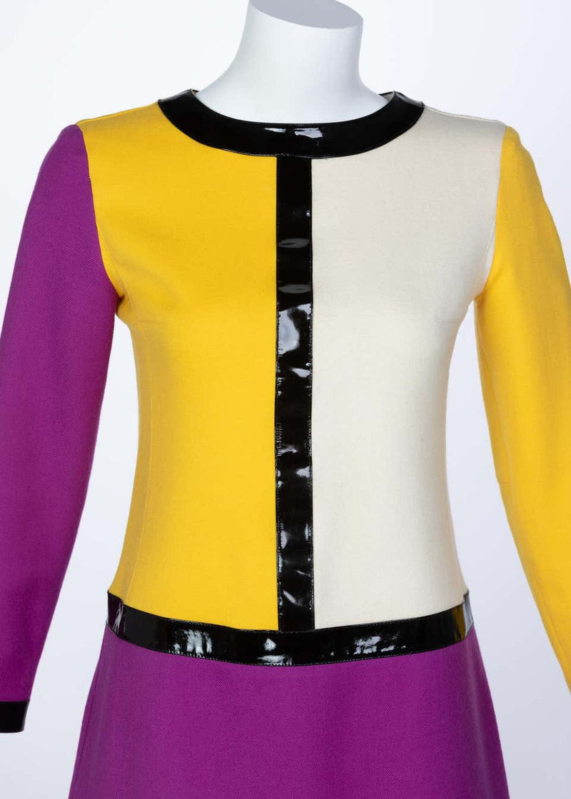 Courrèges Wool Color Block Patent Leather Mondrian Mini Dress, 1960s