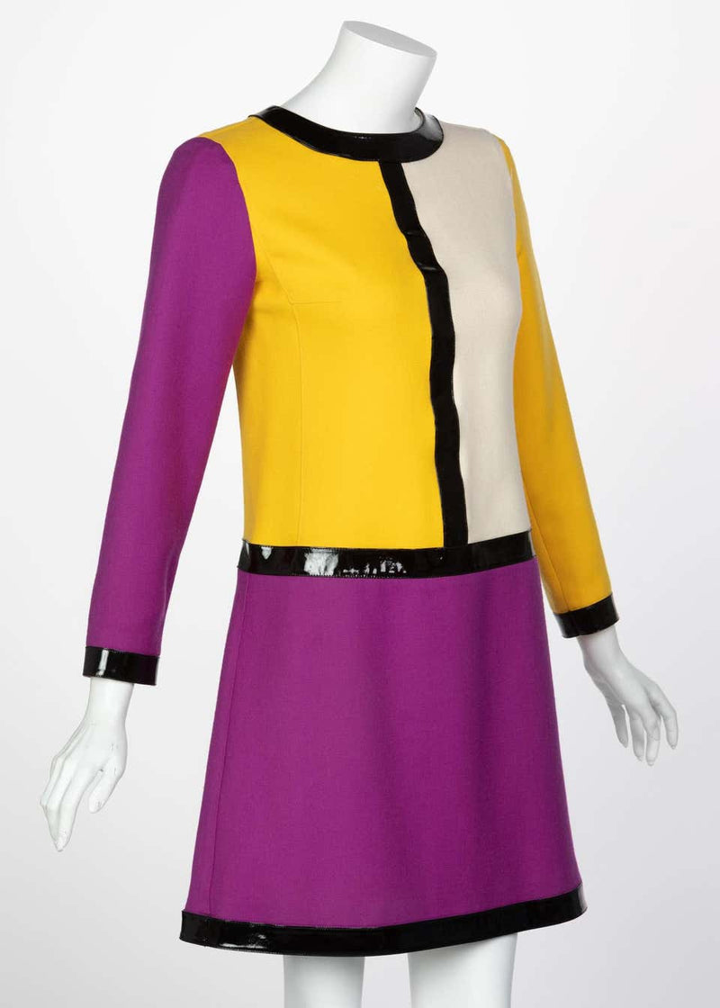 Courrèges Wool Color Block Patent Leather Mondrian Mini Dress, 1960s