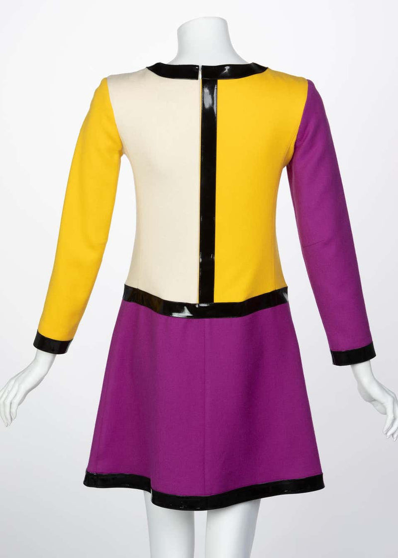 Courrèges Wool Color Block Patent Leather Mondrian Mini Dress, 1960s