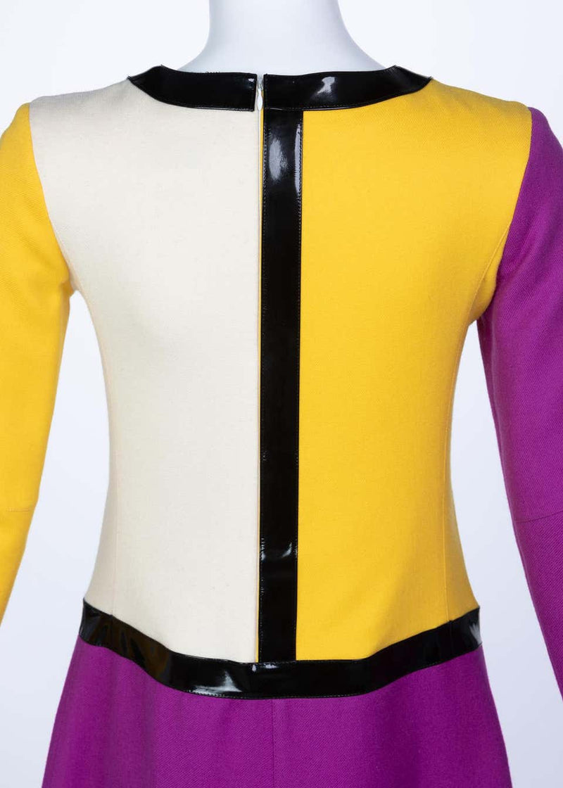 Courrèges Wool Color Block Patent Leather Mondrian Mini Dress, 1960s