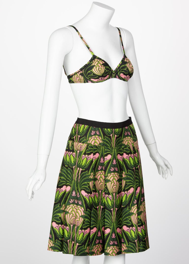 Prada Holiday & Brown Green Pink Print Bra Skirt Set, 2003