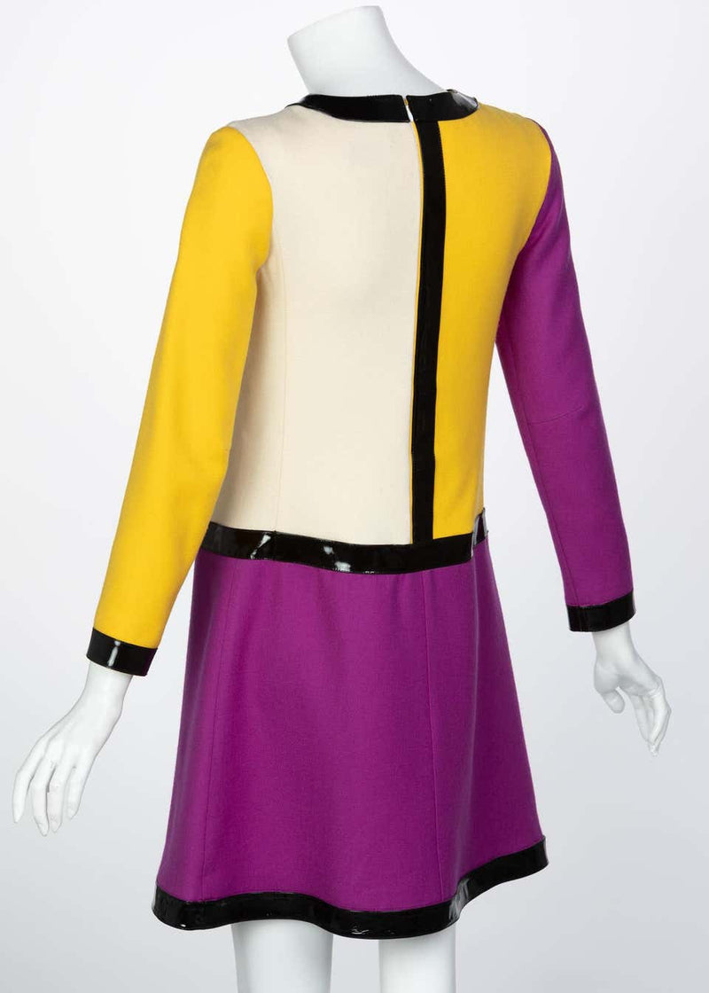 Courrèges Wool Color Block Patent Leather Mondrian Mini Dress, 1960s