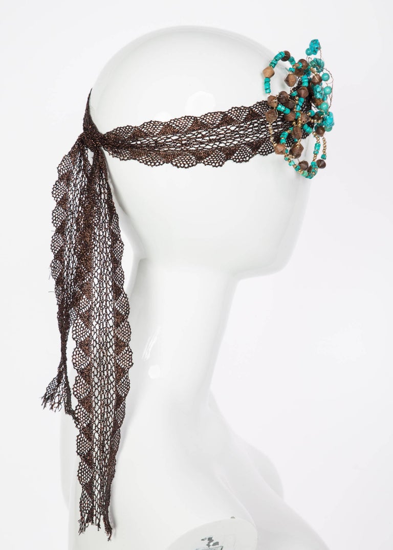 Basha Gold Couture Turquoise Wood Beaded Metal Flower Copper Lace Headpiece