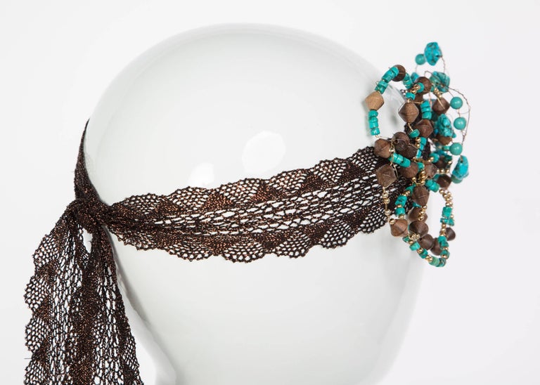 Basha Gold Couture Turquoise Wood Beaded Metal Flower Copper Lace Headpiece