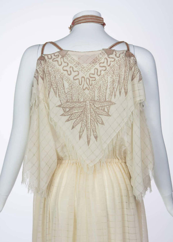 Zandra Rhodes Ivory Silk Linen Shell Embellished Suede Necklace Dress, 1980s