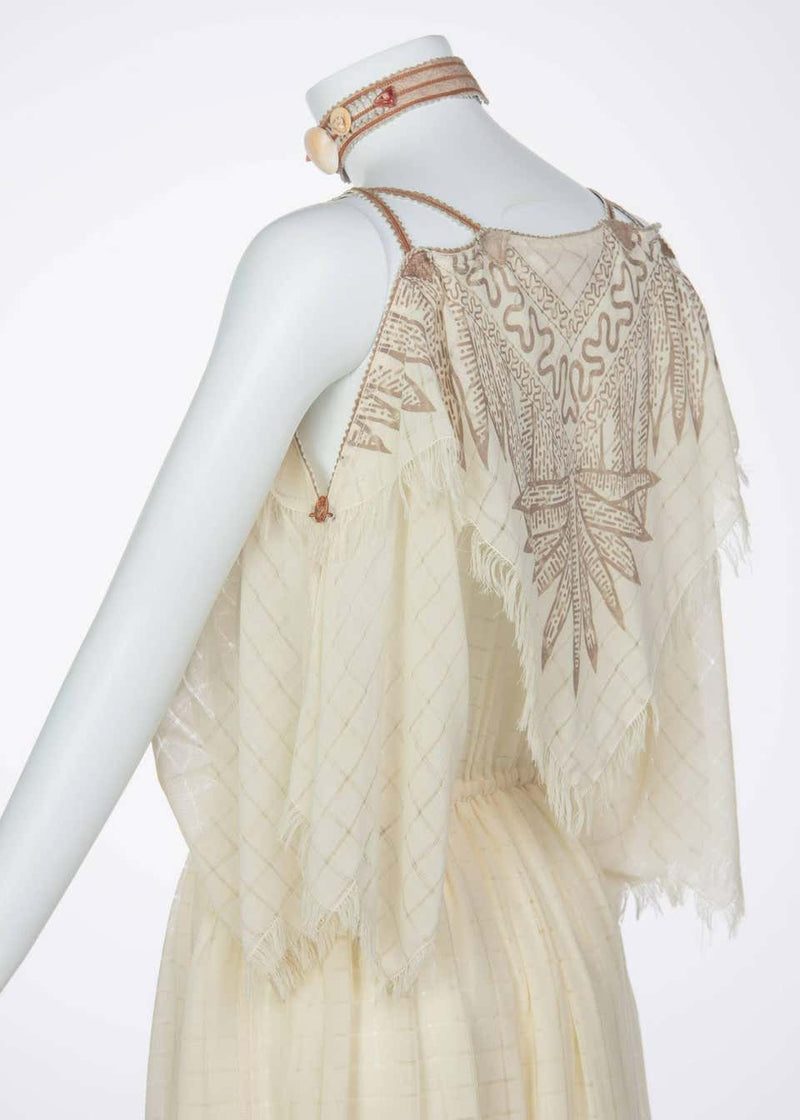 Zandra Rhodes Ivory Silk Linen Shell Embellished Suede Necklace Dress, 1980s