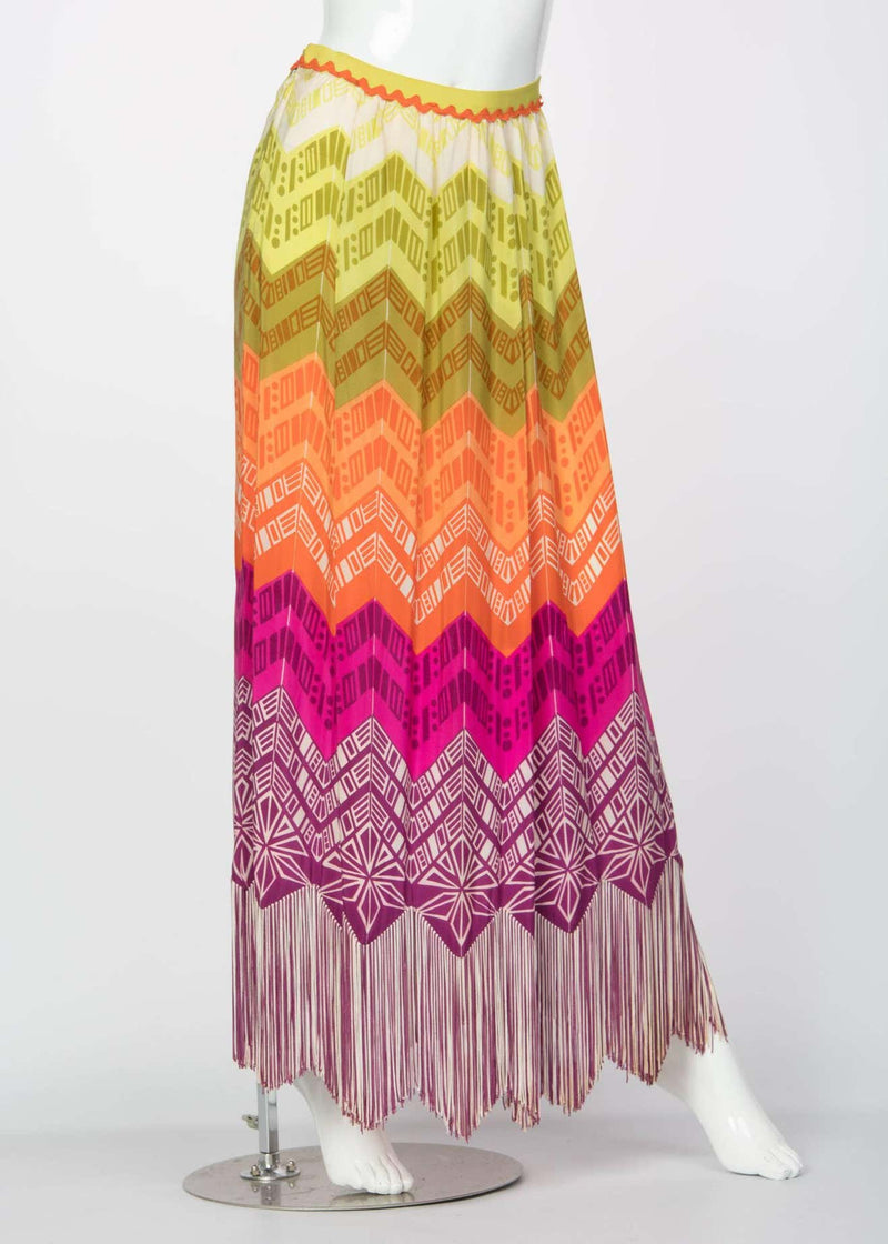 Lanvin Silk Rainbow Print Fringe Maxi Skirt, 1970s
