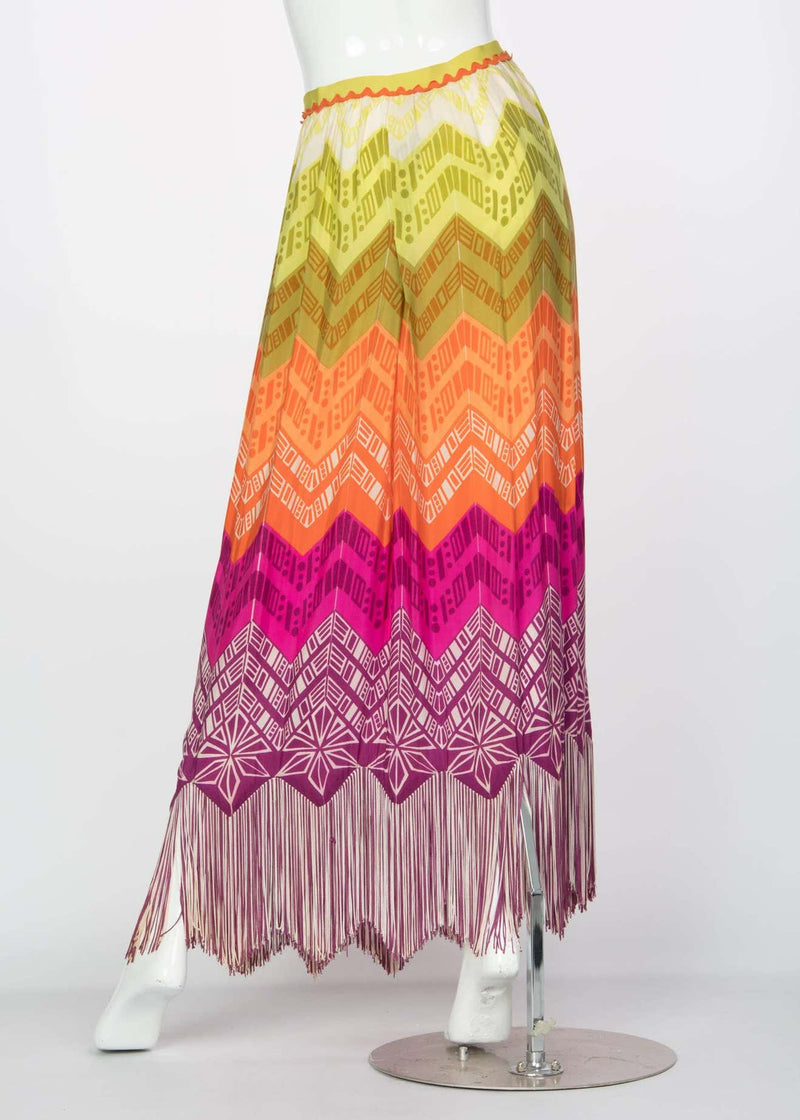 Lanvin Silk Rainbow Print Fringe Maxi Skirt, 1970s