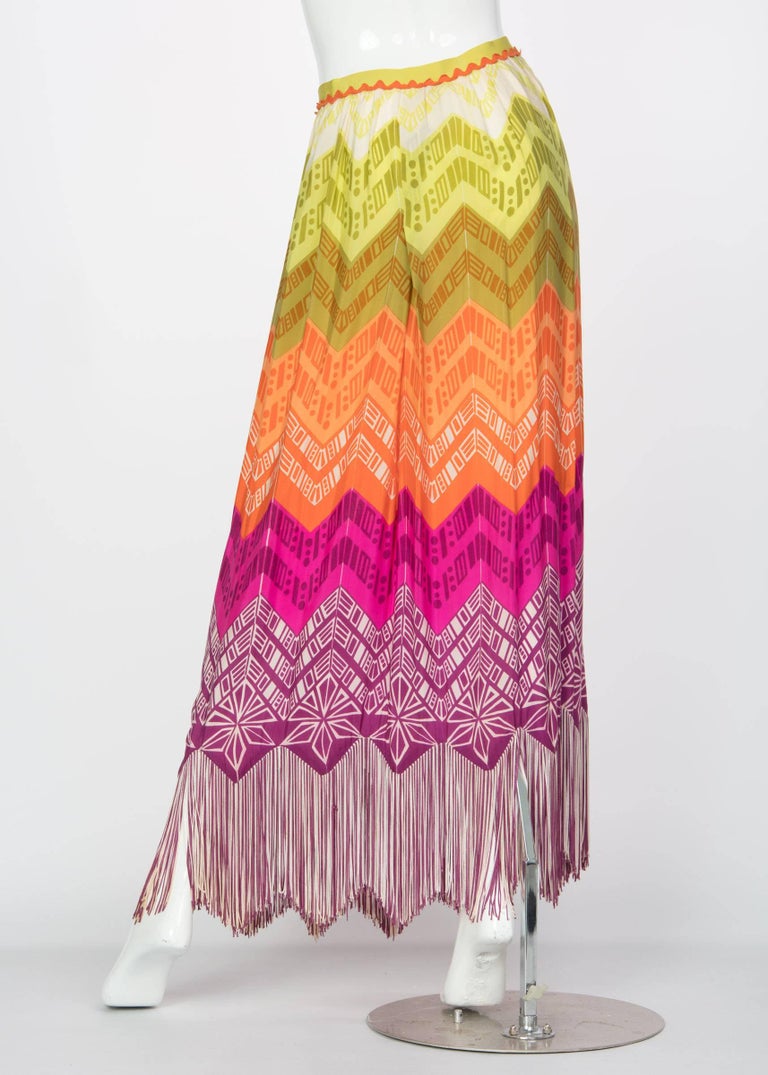 Lanvin Silk Rainbow Multicolor Print Fringe Maxi Skirt, 1970s