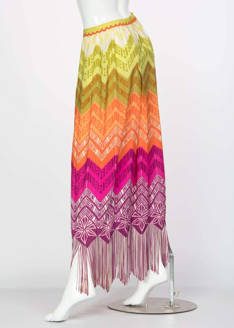 Lanvin Silk Rainbow Print Fringe Maxi Skirt, 1970s