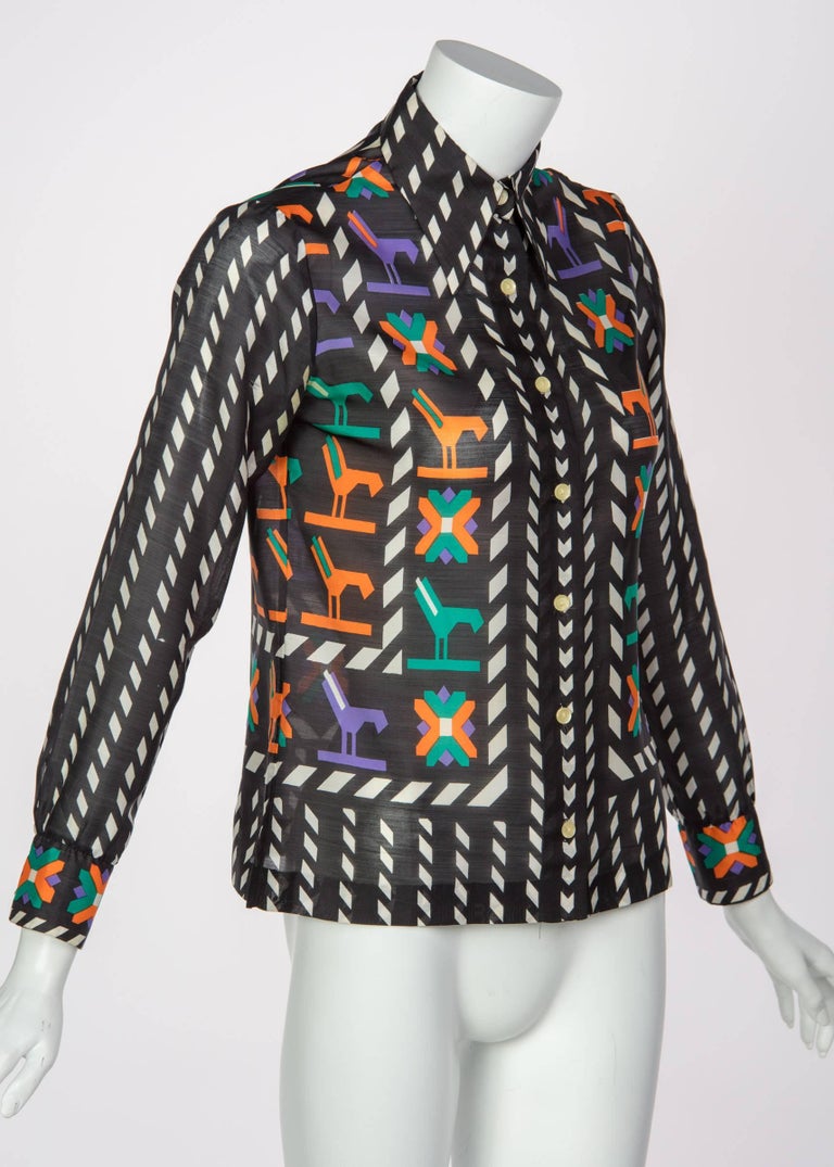 1970s Lanvin Black White Multicolored Silk Print Button Down Blouse