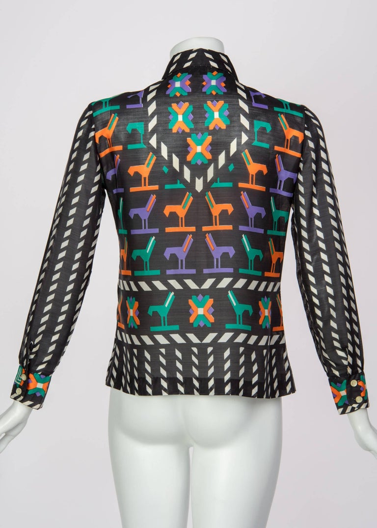 1970s Lanvin Black White Multicolored Silk Print Button Down Blouse