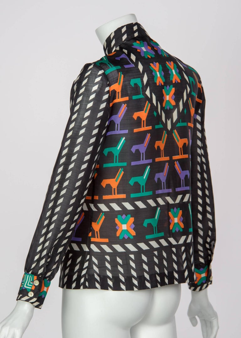 1970s Lanvin Black White Multicolored Silk Print Button Down Blouse