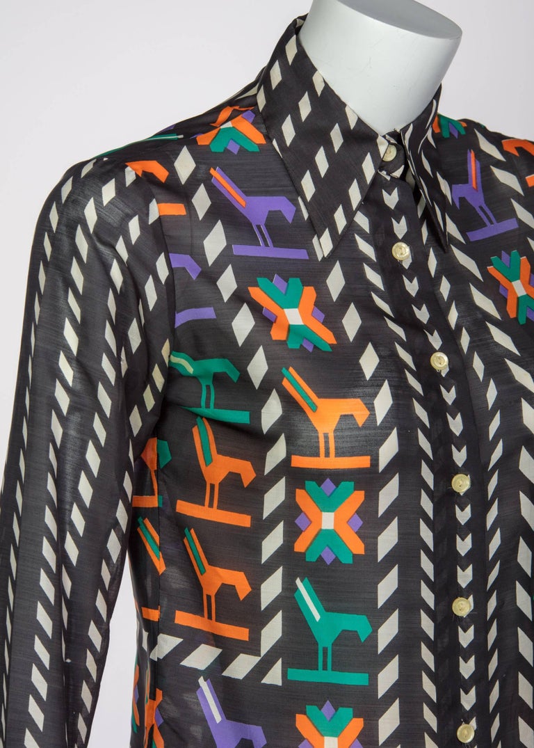 1970s Lanvin Black White Multicolored Silk Print Button Down Blouse