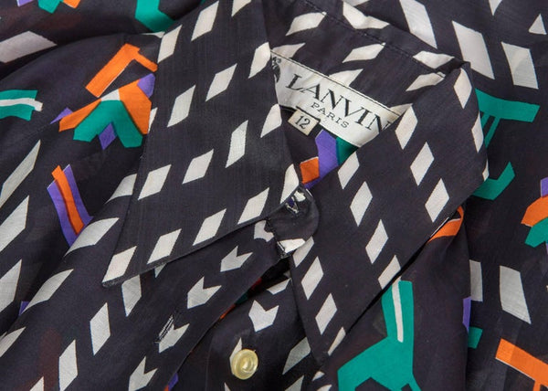 1970s Lanvin Black White Multicolored Silk Print Button Down Blouse