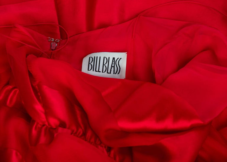Bill Blass Red Silk Sheer Striped Maxi Column Dress Draped Overlay, 1970s