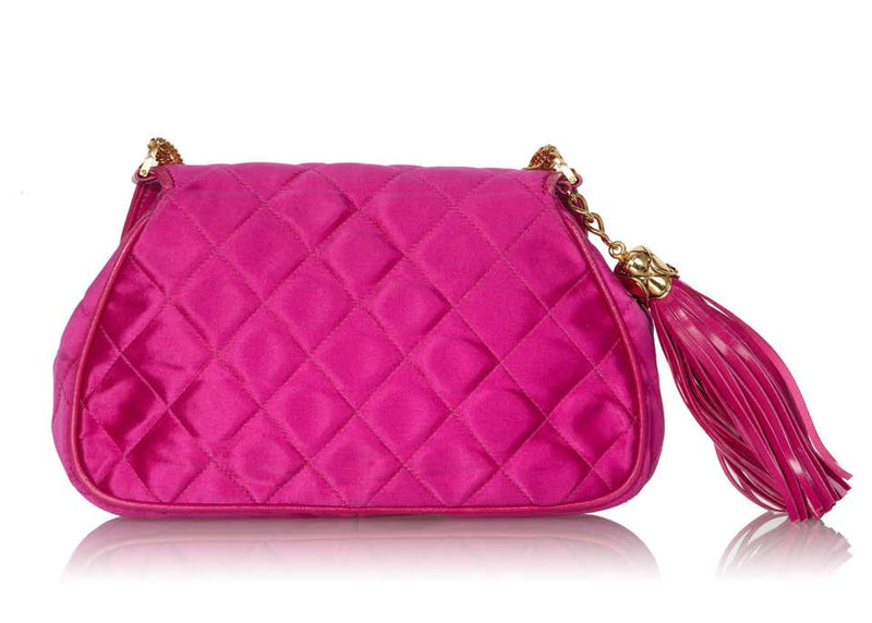 1990s Chanel Pink Quilted Satin Leather Gold Chain Tassel Shoulder Bag