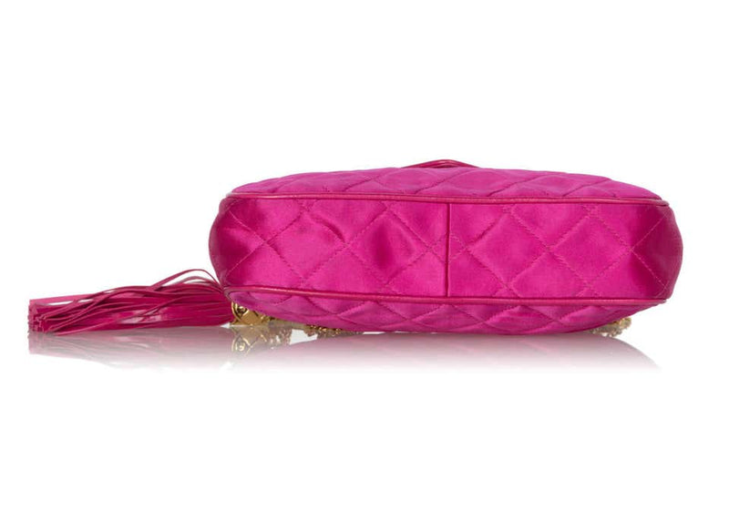 1990s Chanel Pink Quilted Satin Leather Gold Chain Tassel Shoulder Bag