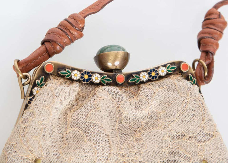 Valentino Leather Lace Floral Enamel Fringe Shoulder Bag